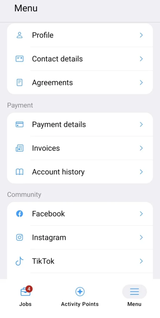 Clickworker app menu options and account navigation guide