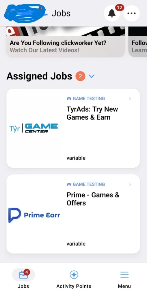 Clickworker assigned jobs dashboard showing available online tasks