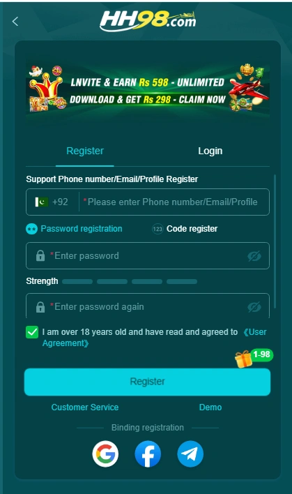 HH98 Game APK login and registration screen on Android