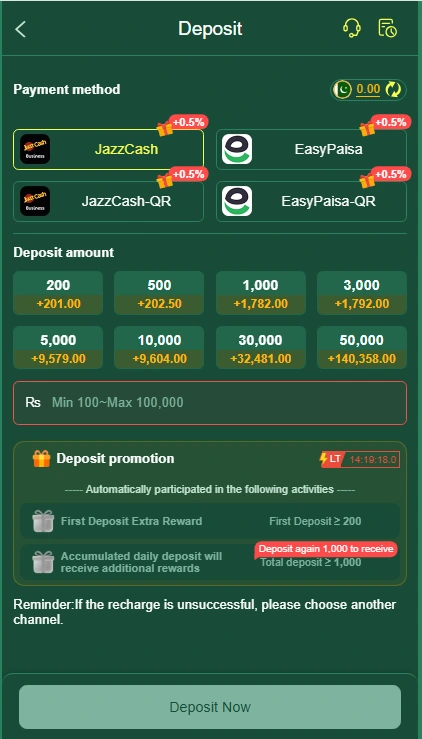 RC777 Game APK deposit screen showing available payment methods for adding funds