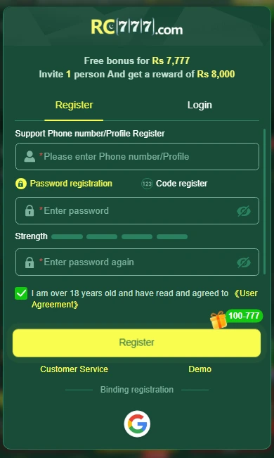 RC777 Game APK registration and login screen for Android users