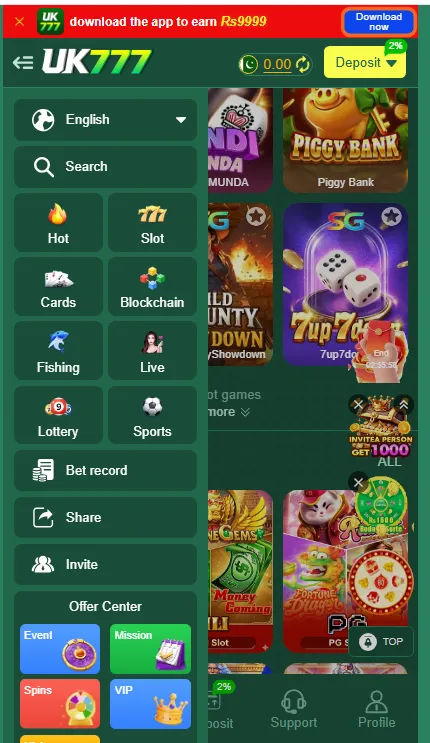 UK777 Game APK home screen with latest Android gaming features and rewards
