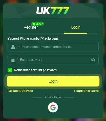 UK777 Game APK registration and login screen for Android users
