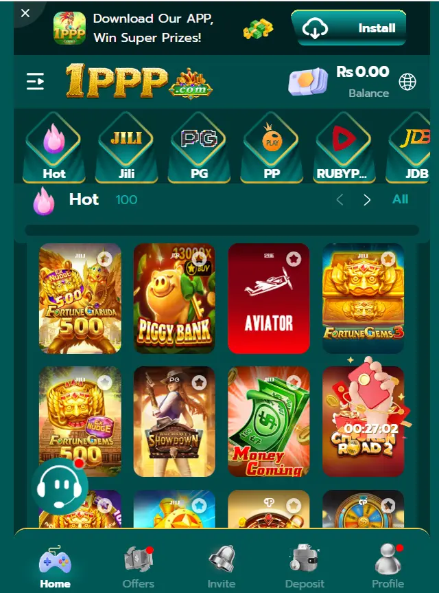 1PPP APK games lobby showing the available casino and slot games in the latest 2026 version