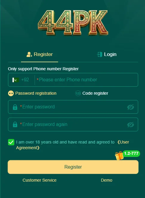4PK Game registration and login screen