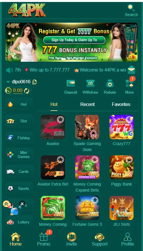 44PK game interface showing available games