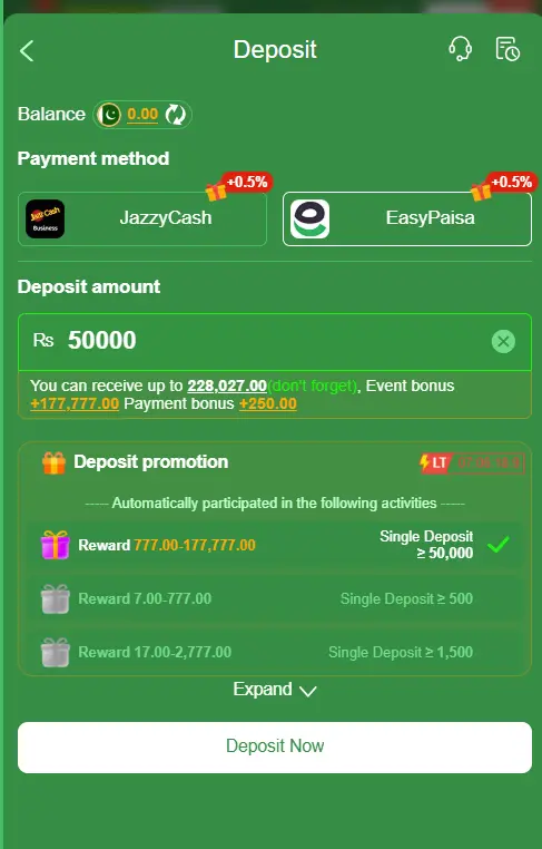 777CX Game deposit options and wallet interface