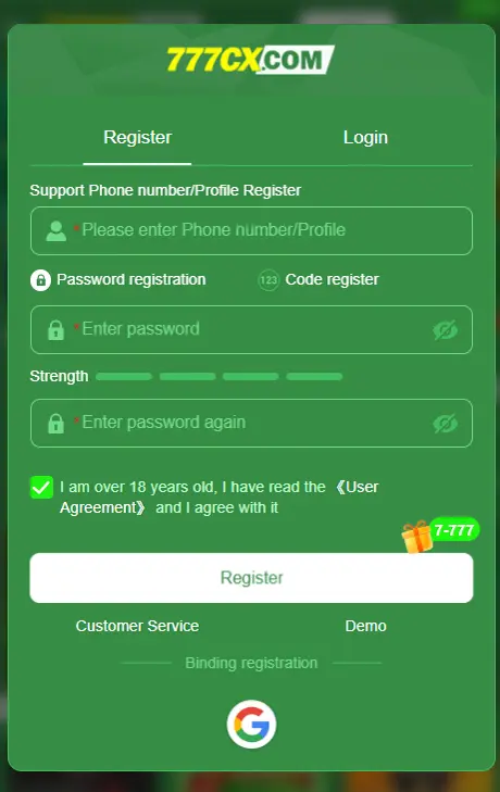 777CX Game registration and login screen