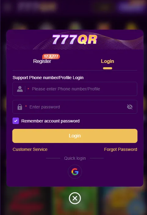 777QR Game APK registration and login screen