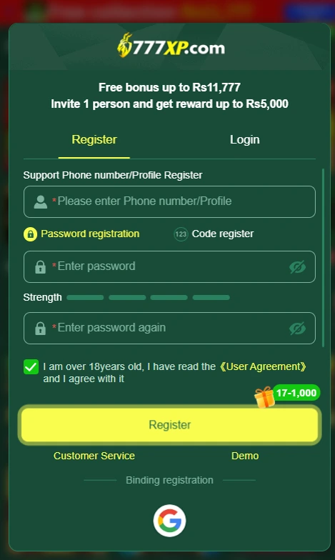 777XP Game APK register and login interface