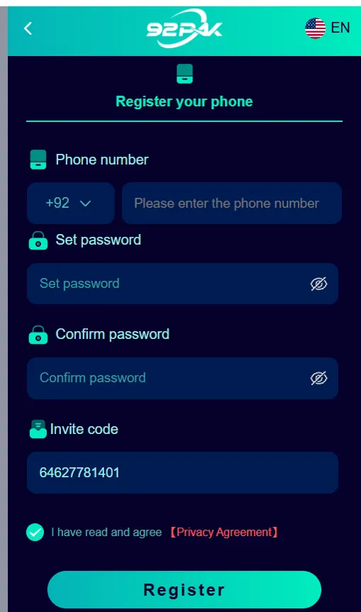 2Pak Game APK register and login screen on Android 2026