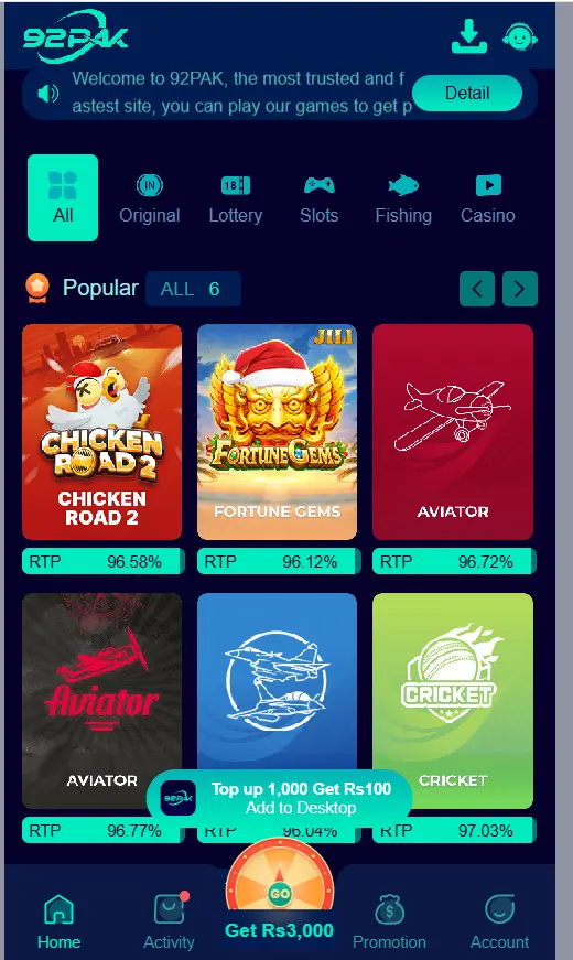 92Pak Game APK games lobby with multiple game categories 2026