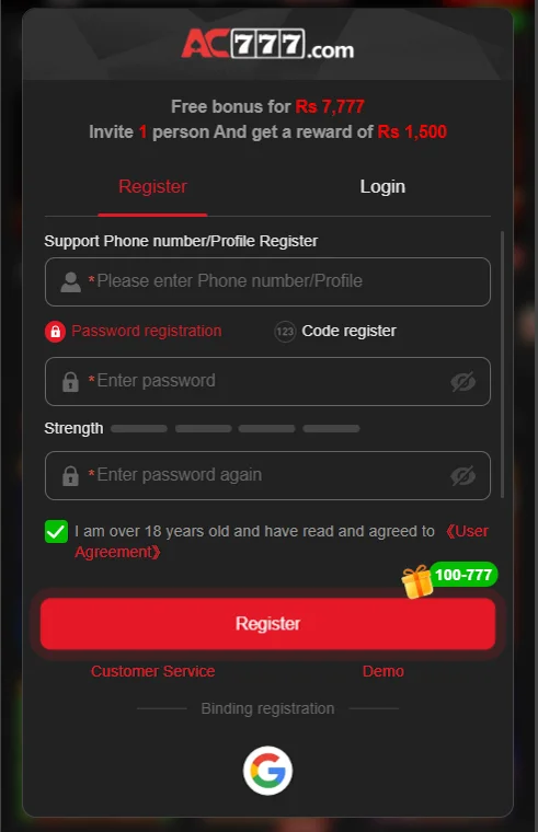 AC777 Game register and login page