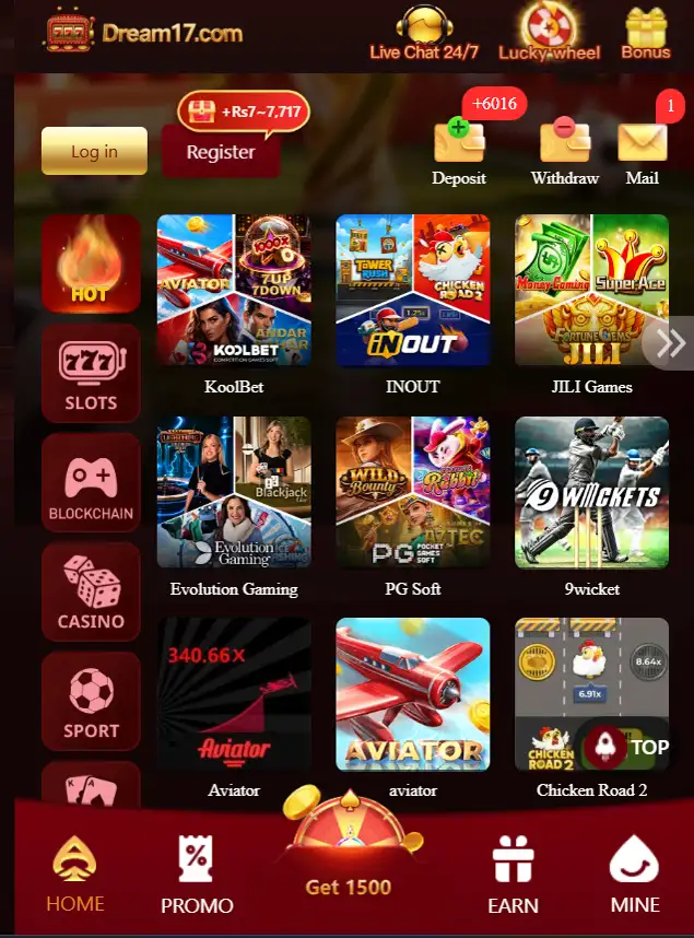 Dream17 APK games interface showing casino games and entertainment options in the latest 2026 version.
