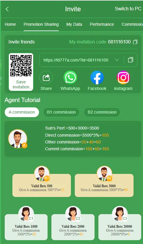 FD777 Game invite and referral section