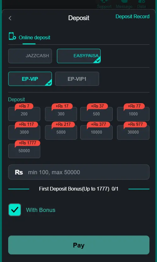 PK116 game deposit options in Pakistan