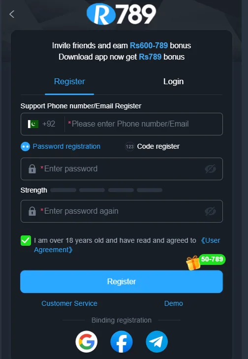R789 Game APK registration and login screen for creating an account and signing in to the latest 2026 Android version.