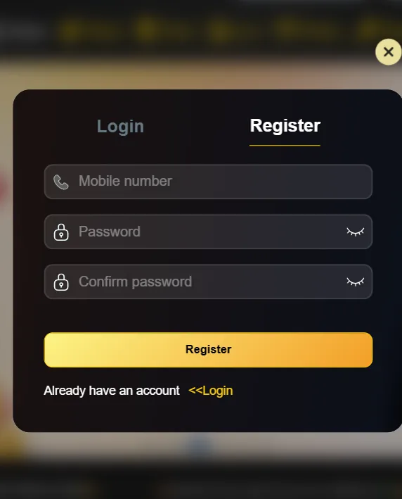 T7777 Game register and login screen