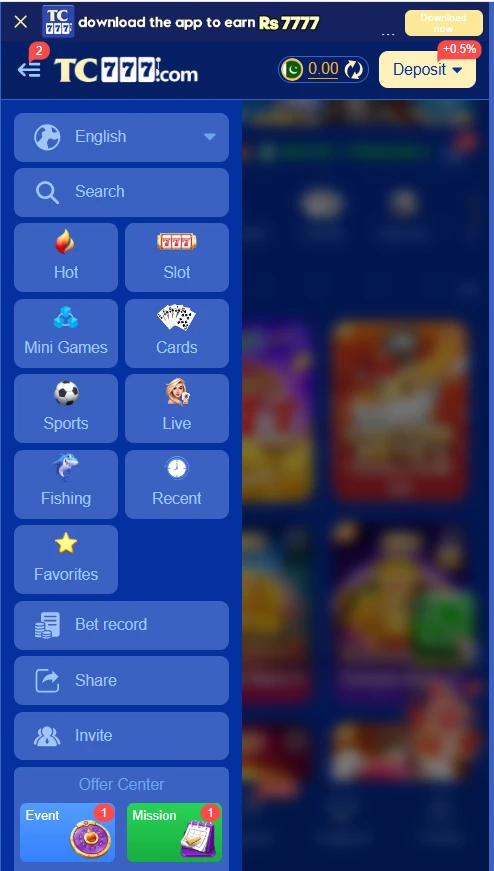 TC777 games inside APK showing available gaming options
