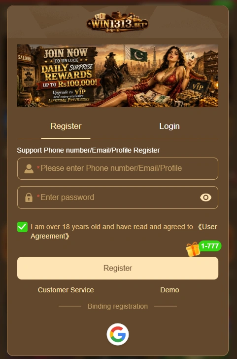 Win1313 Game APK registration and login screen