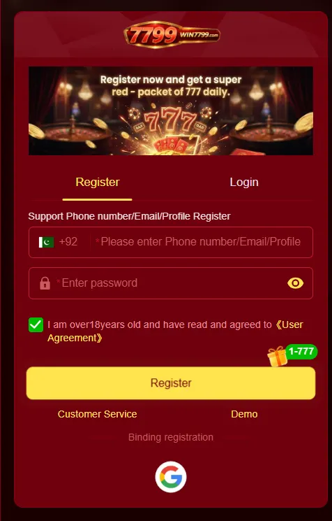 Win7799 APK registration screen showing new account signup form for Android users.