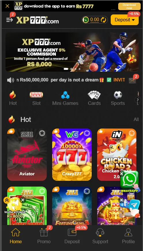 XP777 download app showing the games available inside the platform.