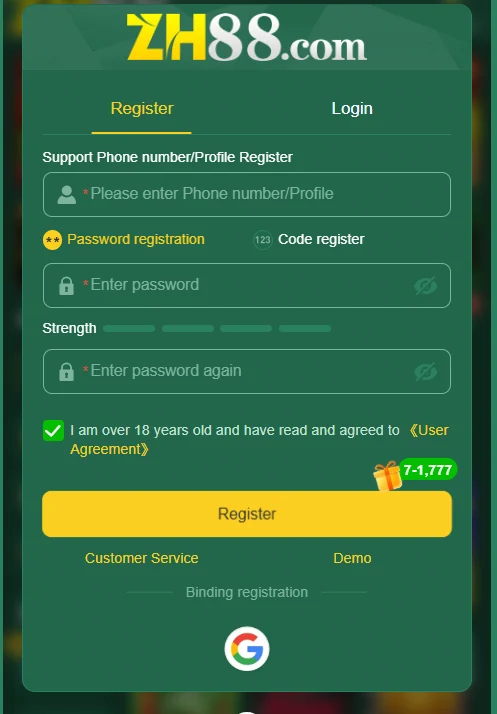 ZH88 Game registration and login options for new and existing users