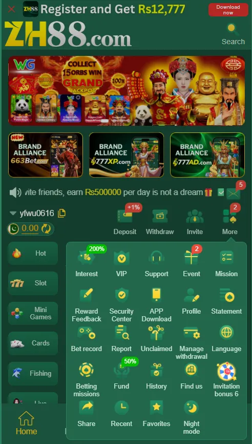 ZH88 Game interface showing available games and gaming options