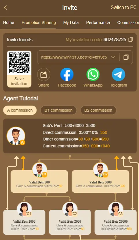 Win1313 Game APK invite and referral rewards section