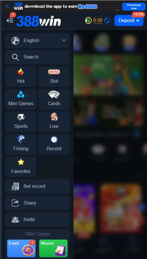 388WIN Game categories and available games