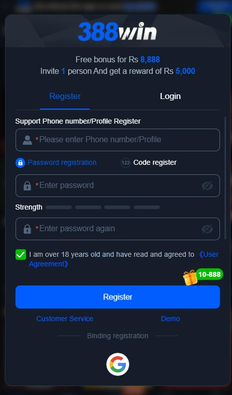 88WIN Game registration and login screen