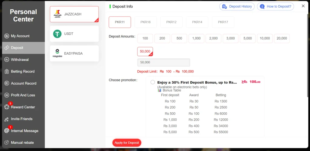 PRPWin deposit interface showing available payment options