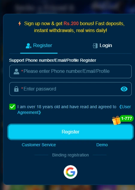 QK777 Game APK registration and login screen