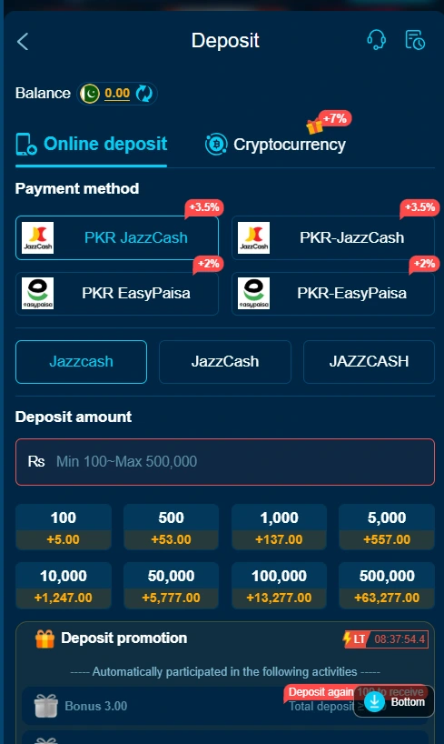 QK777 Game APK deposit options and payment screen