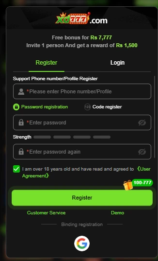 XD777 APK registration and login screen