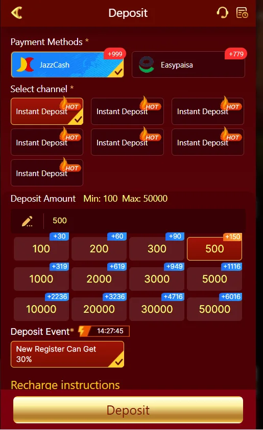 Y71 Game deposit options